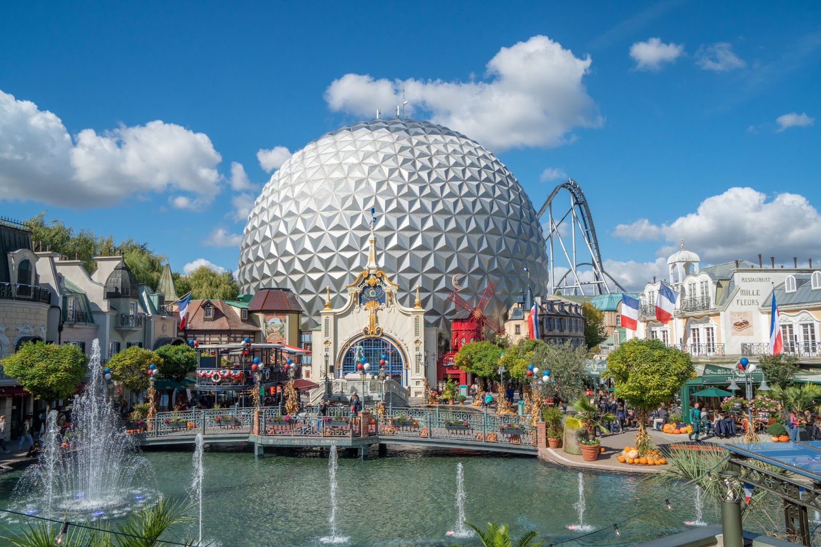 Europa Park Dome, fountains, and roller coaster