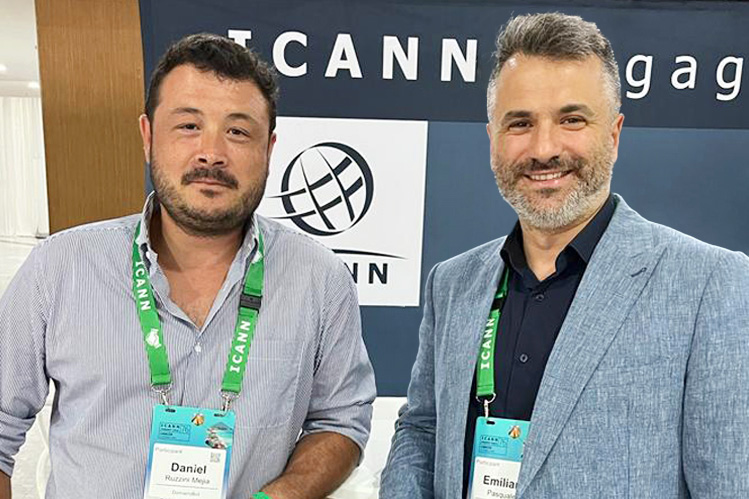 Domainsbot founders, Daniel Ruzzini Mejia and Emiliano Pasqualetti attending an event.